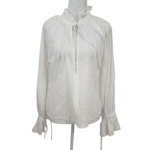 Nili Lotan Thelina Crosshatch Swiss Dot Ruffle Neck Tie Cuff Peasant Blouse